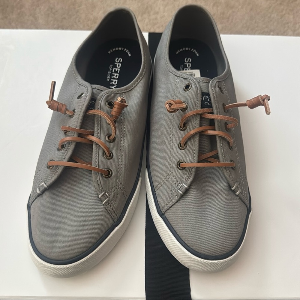 Sperry Gray Canvas Boat Shoes with Brown Laces